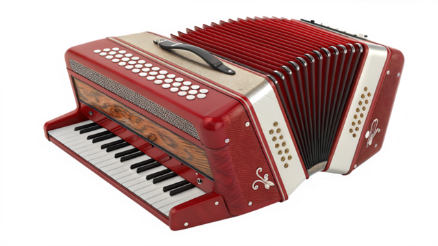 Red accordion musical instrument isolated on a white background PNG. AI GENERATED