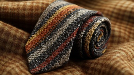 Vintage inspired tie with faded stripes in warm earthy tones draped casually over a tweed blazer...