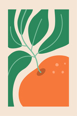 Botanical hand drawn orange fruit with green leaves on beige background. Vector illustration.