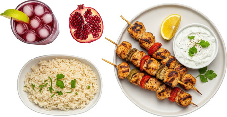Grilled chicken skewers with rice tzatziki pomegranate and a lime drink