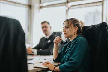 A group of diverse business people engaged in a serious meeting in a bright office setting,...