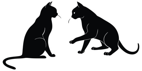 Silhouette vector of two black cats facing each other one seated, one reaching out. Perfect for pet themes, feline art, or playful animal designs.