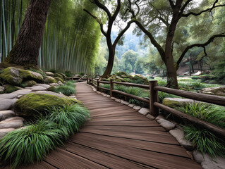 Serene Wooden Pathway: A captivating wooden pathway meanders through a lush, green oasis, inviting exploration, the gentle serenity. This photo captures the tranquility of a verdant haven.