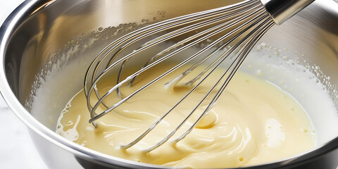Silver Mixing Bowl with Creamy Yellow Batter and Stainless Steel Whisk

