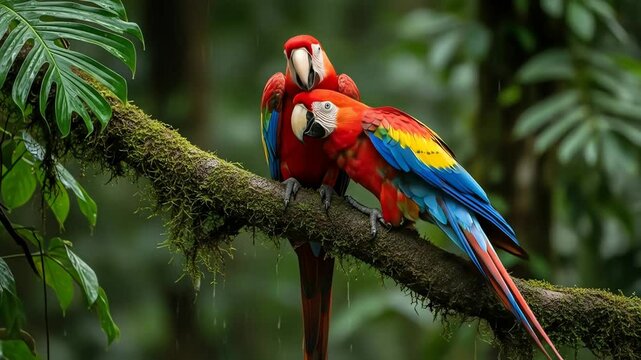 Scarlet macaws cuddling in rain, vibrant plumage detail, perched on mossy branch. Tropical birds for nature documentaries, wildlife films, exotic pet ownership themes, conservation campaign.