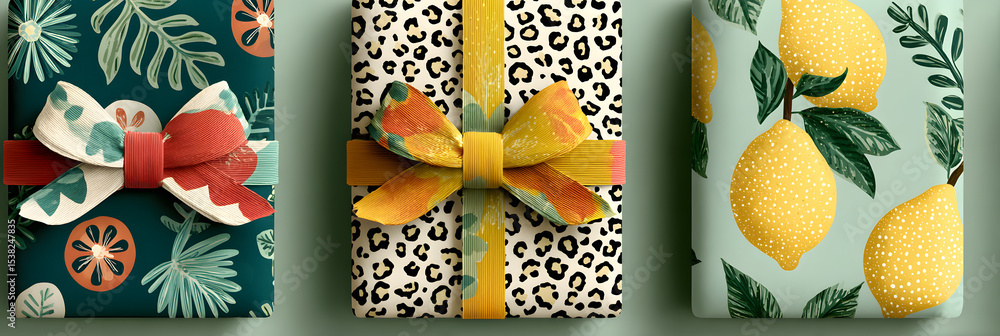 Poster set of cute seamless patterns of multicolored bows, leopard abstract print on a light background. me