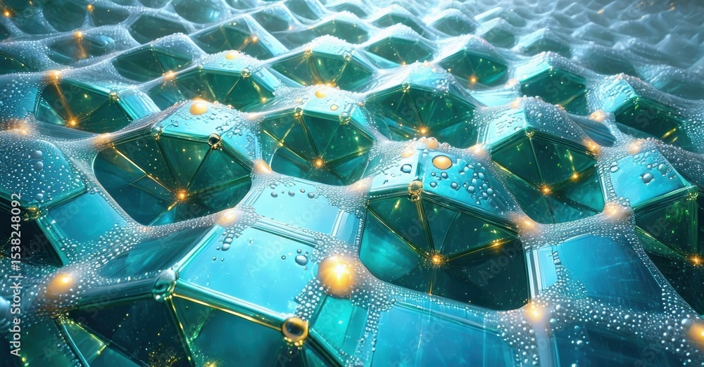 Poster Hexagonal structure glows. Teal, white colors dominate. Bubbles connect points within grid. Futuristic, abstract design.