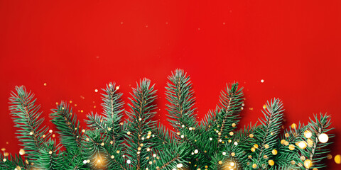 Fir branches on red background. Christmas wallpaper. Flat lay, copy space.