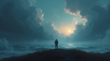 Obraz premium Solitude at Sea: Man Contemplates Ocean Sunrise Under Dramatic Clouds, Coastal Serenity, Reflective Mood, Scenic Vista