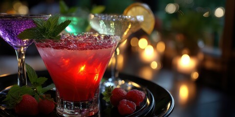 Colorful cocktails served on a tray with candles creating a warm ambiance at a festive gathering