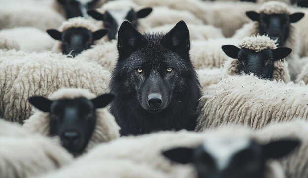 Black wolf peeking out from the center of a sea of white sheep