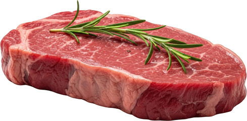 Raw beef steak with rosemary sprig close up isolated meat food photography