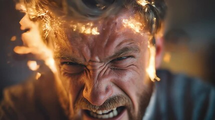 Slow-motion close-up of an angry man holding his head with sparks and steam erupting around his face visualizing mental stress and emotional pressure ideal for psychology and emotion concepts