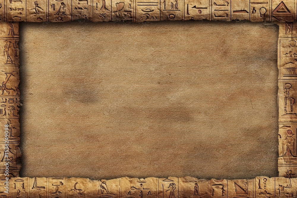 Poster ancient egyptian papyrus scroll with hieroglyphs and decorative borders in vector art style