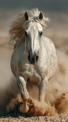 Majestic white horse galloping across sandy terrain during golden hour in a desert landscape