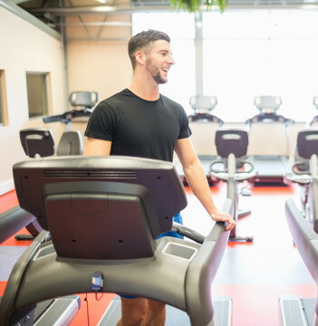 Fototapeta Treadmills are standing on red rubber floor in bright gym interior, with hanging potted plant