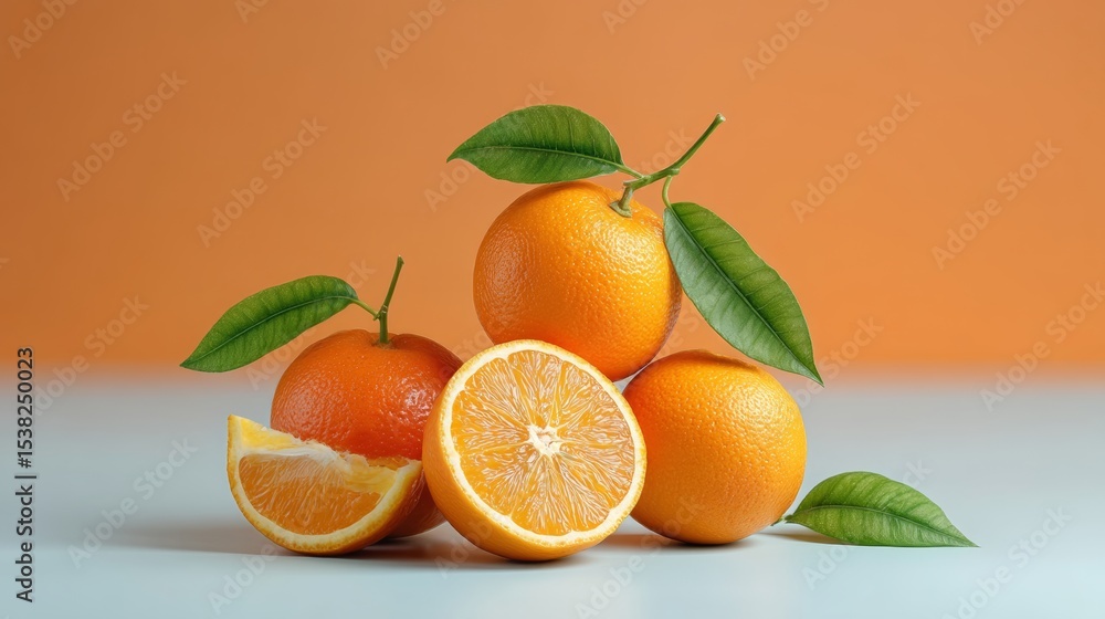 Poster pile of oranges with one cut open. the oranges are fresh and ripe. the oranges are arranged in a pyr