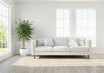 Fototapeta premium Bright living room with white sofa and potted plant near window