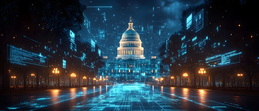 Futuristic illuminated government building with holographic projections of economic data and policy changes representing the concept of national economic planning and data driven decision making