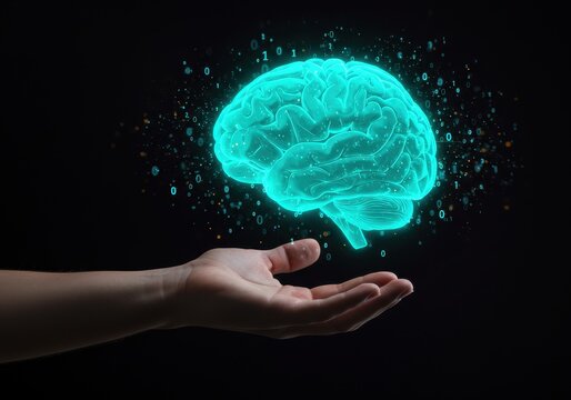 Hand holding glowing brain with binary code representing artificial intelligence - Powered by Adobe