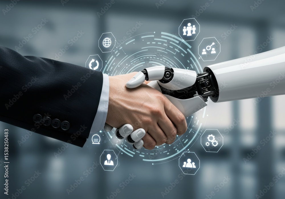 Poster human and robot hands shaking with digital interface, representing collaboration