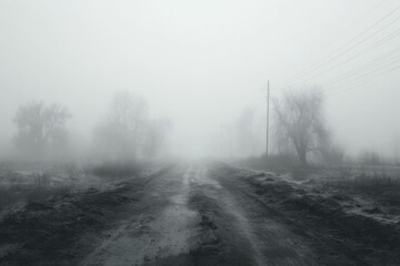 Moody Landscape Scene Featuring Hazy Dirt Path in Monochrome Palette
