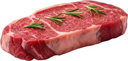 Raw ribeye steak with rosemary sprigs close up view isolated beef meat
