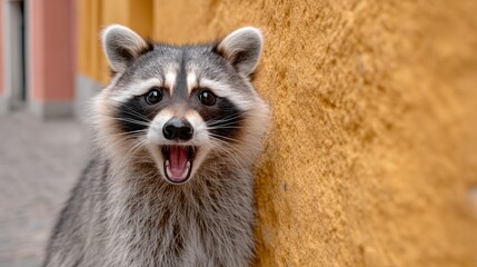 Fototapeta premium Raccoon is standing on a yellow wall and is making a funny face. The raccoon is smiling and has its mouth open, which makes it look like it is laughing