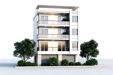 Modern three-story building isolated on a white background png ai generated