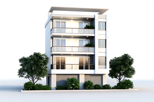 Modern three-story building isolated on a white background png ai generated