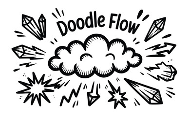 Dynamic Doodle Flow Design featuring Crystals and Energy bursts a hand drawn illustration perfect for vibrant backgrounds and creative projects, silhouette