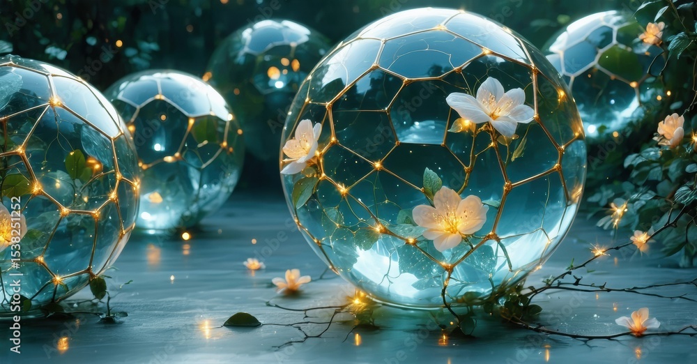 Aufkleber glowing orbs illuminate dark forest floor. delicate flowers bloom within geometric structures. magic