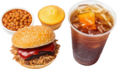 Pulled pork sandwich baked beans corn muffin and iced tea Isolate food