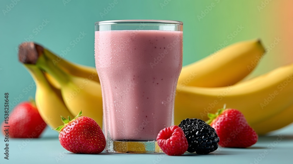 Aufkleber glass of strawberry and raspberry smoothie is on a table with bananas and strawberries. concept of f