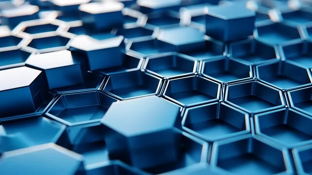 Close-up of interlocking blue hexagonal metal structures, showcasing intricate patterns and textures