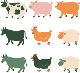 Fototapeta premium Flat design farm animals illustration cows pigs chickens and sheep