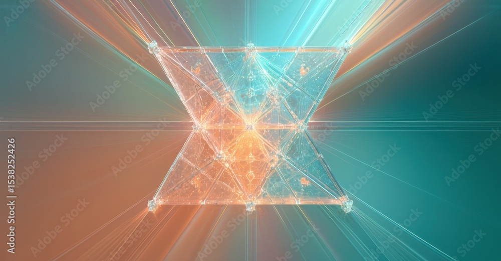 Poster Fractal geometry displays complex structure. Light radiates from central point, creating vibrant visual effect. Turquoise, orange hues dominate composition.