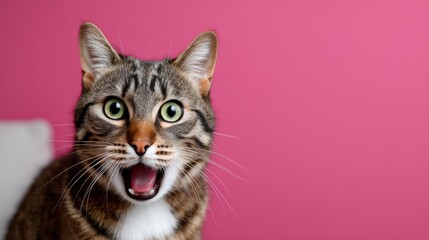 Obraz premium Cat with its mouth open and eyes wide open, looking at the camera. The cat's expression is one of surprise or excitement