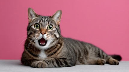 Obraz premium Cat with its mouth open and eyes wide open, staring at the camera. The cat is laying on a pink surface, and its fur is striped. Concept of surprise and curiosity