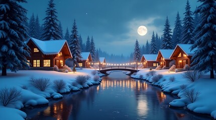 Fototapeta premium Winter Village Serenity: Snowy Cabins, Moonlit River, and Festive Lights in a Forest Wonderland