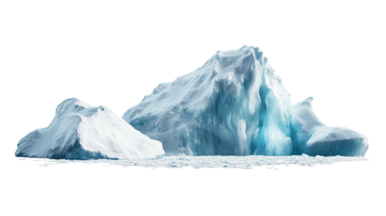 Iceberg, blue ice mountain with white snow and deep crevasses, steep terrain of ice, glacier landscape, blue ice mountain covered in snow, on a transparent backgrounds