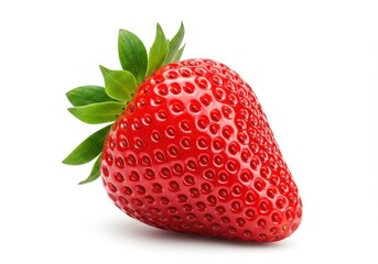 Close-up of a single ripe strawberry with green leaves on a white surface