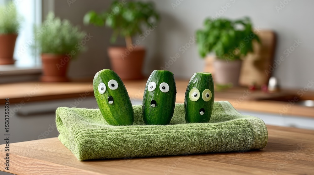Poster three cucumbers with eyes drawn on them are sitting on a green towel on a wooden table. the scene is