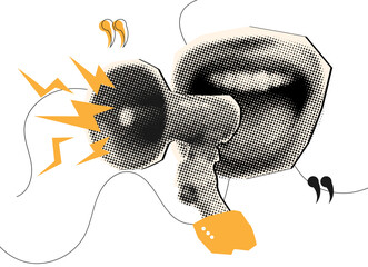 Female mouth screaming and hand holding megaphone with retro halftone effect,collage elements,cut out from magazine