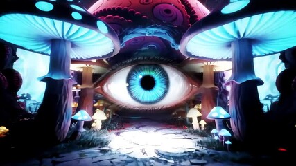 Luminescent mushrooms casting ethereal light across surreal, dreamlike terrain, mystical giant eye observing otherworldly landscape with enigmatic, magical presence - Powered by Adobe