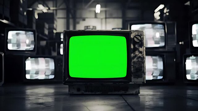 Green-screened vintage televisions stacking vertically against dark backdrop, symbolizing retro media technology and communication evolution with artistic visual impact