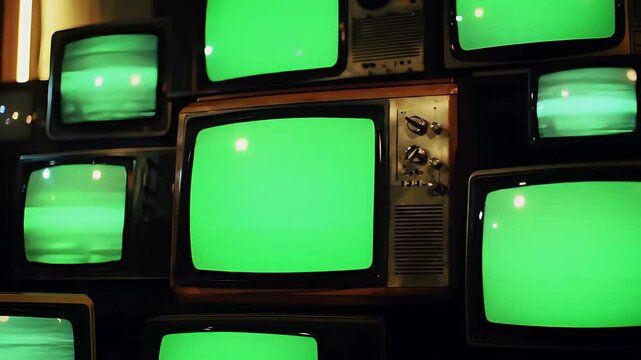 Green-screened vintage televisions stacking vertically against dark backdrop, symbolizing retro media technology and communication evolution with artistic visual impact
