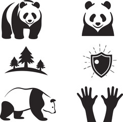 Obraz premium Set of black and white panda bear icons and related elements