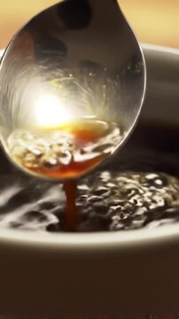 An extreme close-up macro video of a sleek silver spoon gently stirring rich dark roast coffee in a pristine white ceramic cup, with creamy microfoam and fizzing bubbles, against a soft-focus bokeh