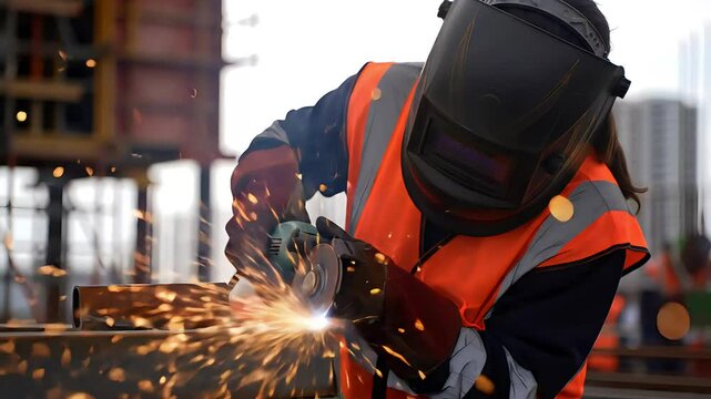 Industrial worker grinding metal surface, wearing safety equipment, generating bright sparks during precision fabrication and metalworking process